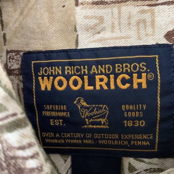 Woolrich John Rich Shirt Mens M Short Sleeve Button Cotton Tan Tiki Fish Print - Picture 2 of 6
